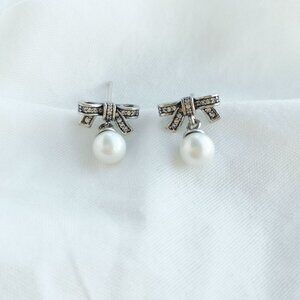 Pandora Sparkling Bow Pearl Silver Drop Earrings